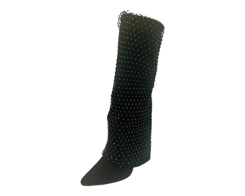 Women's Block Heel Kneel High Diamante Fishnet Boots