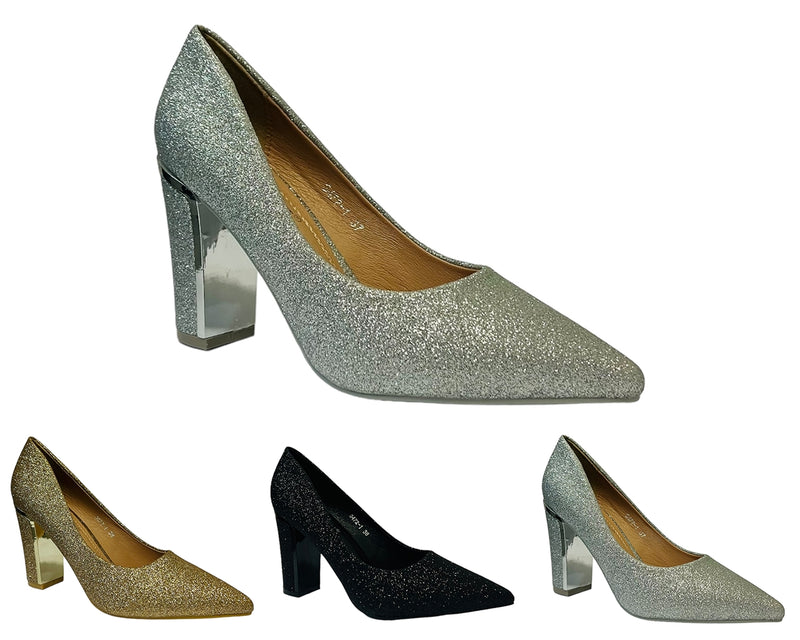 Women's Glitter Block Heel Court Shoes for Office and Formal Occasions