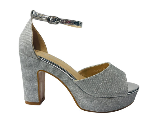 Ankle Strap Glitter Block Heel Shoes Silver