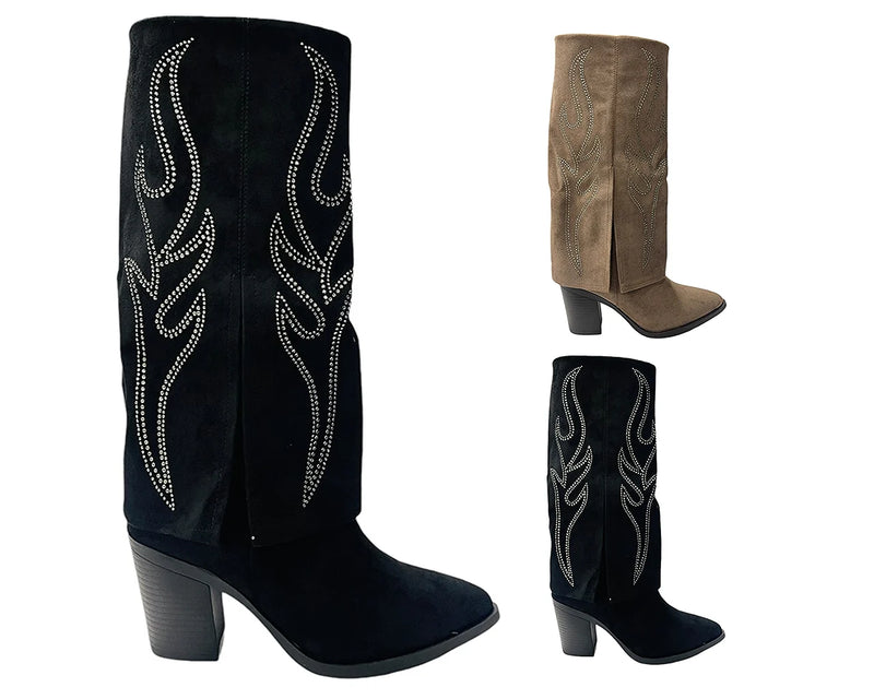 Rhinestone Calf High Fold Over Faux Suede Boots