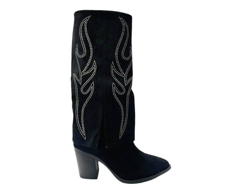 Rhinestone Calf High Fold Over Faux Suede Boots