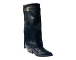 Faux Leather Calf High Fold Over Zip Boots