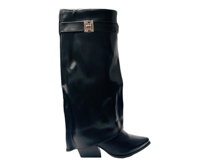 Faux Leather Calf High Fold Over Zip Boots