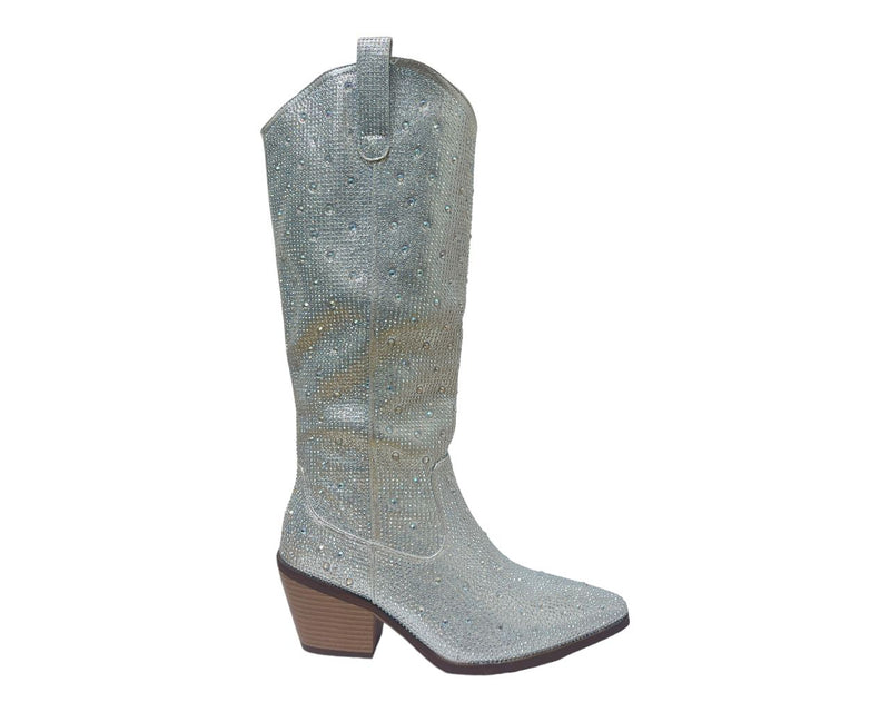 All Over Rhinestone Calf Length Zip Boots