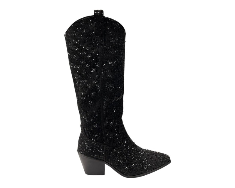 All Over Rhinestone Calf Length Zip Boots