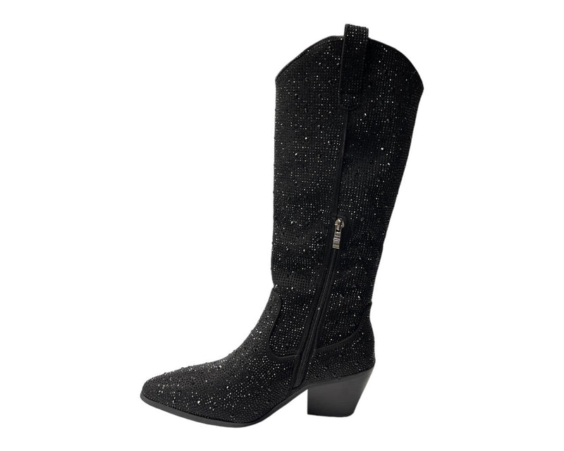 All Over Rhinestone Calf Length Zip Boots