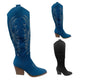 Embroidered Denim Knee High Cowboy Boots