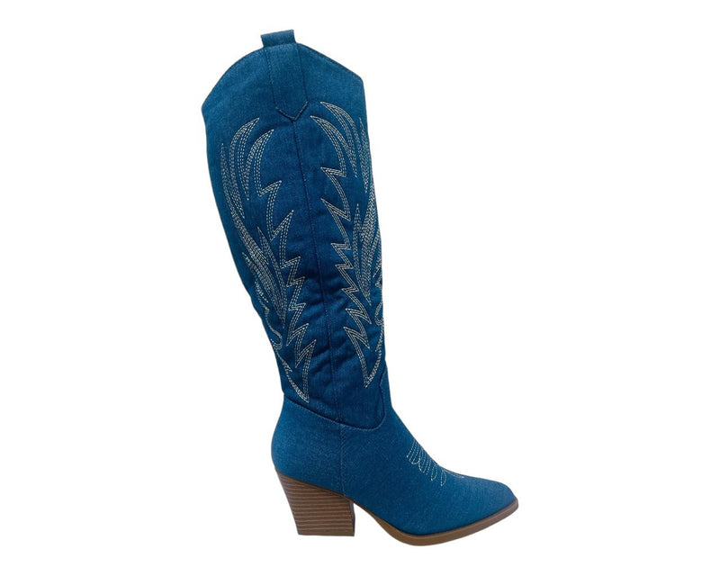 Embroidered Denim Knee High Cowboy Boots