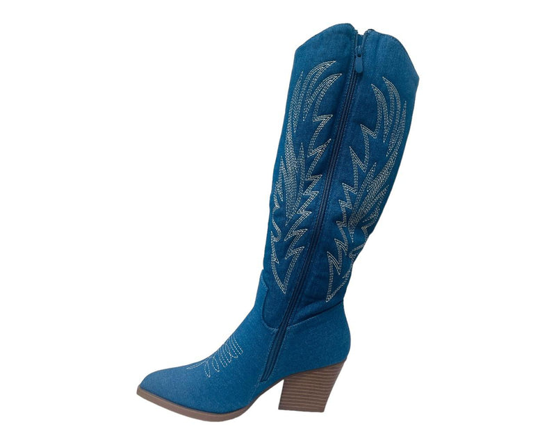 Embroidered Denim Knee High Cowboy Boots