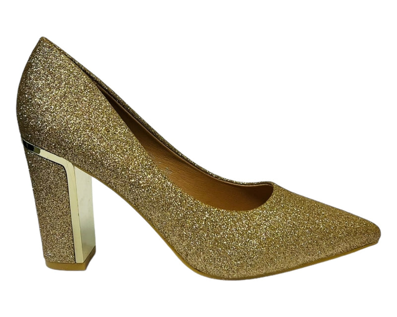 Women's Glitter Block Heel Court Shoes for Office and Formal Occasions