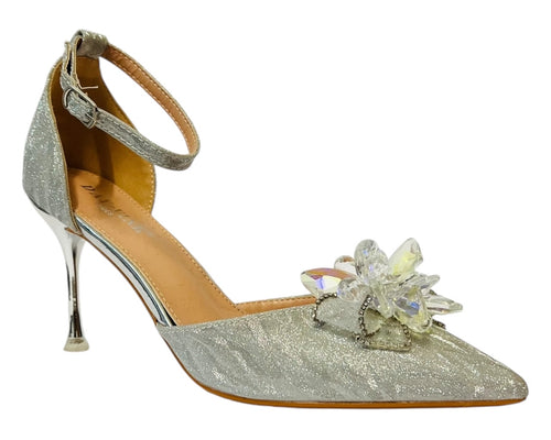 Ankle Strap Diamante Flower Open Court Shoes