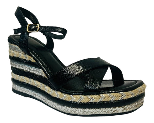 Ankle Strap Espadrilles Wedge Platform Sandals Black/Silver