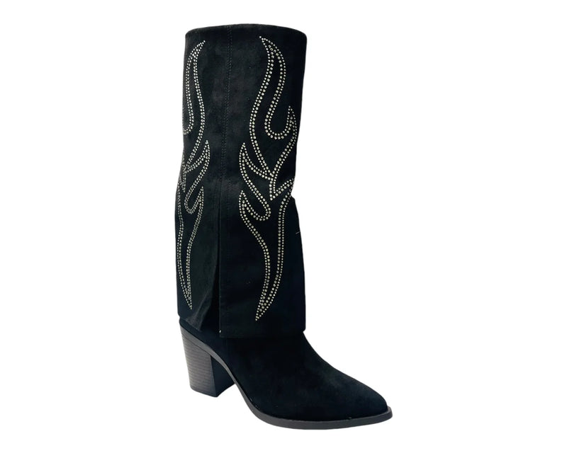 Rhinestone Calf High Fold Over Faux Suede Boots