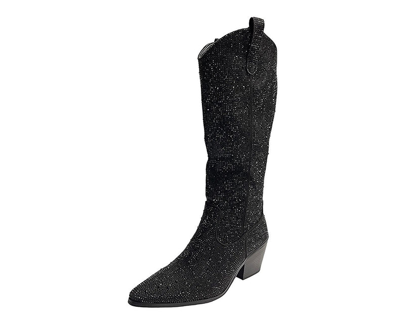 All Over Rhinestone Calf Length Zip Boots