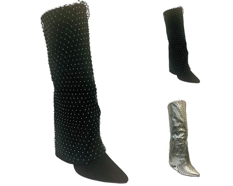 Women's Block Heel Kneel High Diamante Fishnet Boots